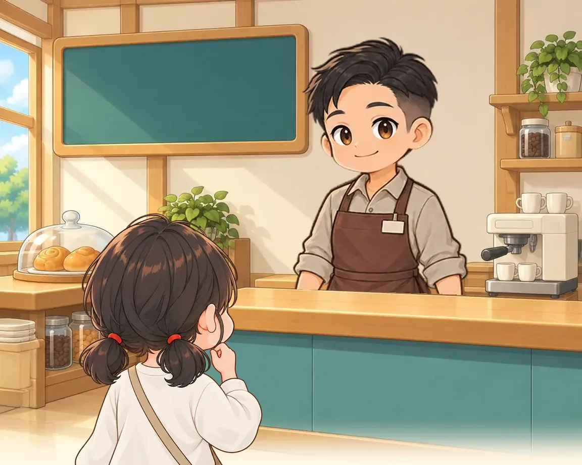 喫茶店のカウンターで店員さんと話すミナ（ゲームのイラスト）