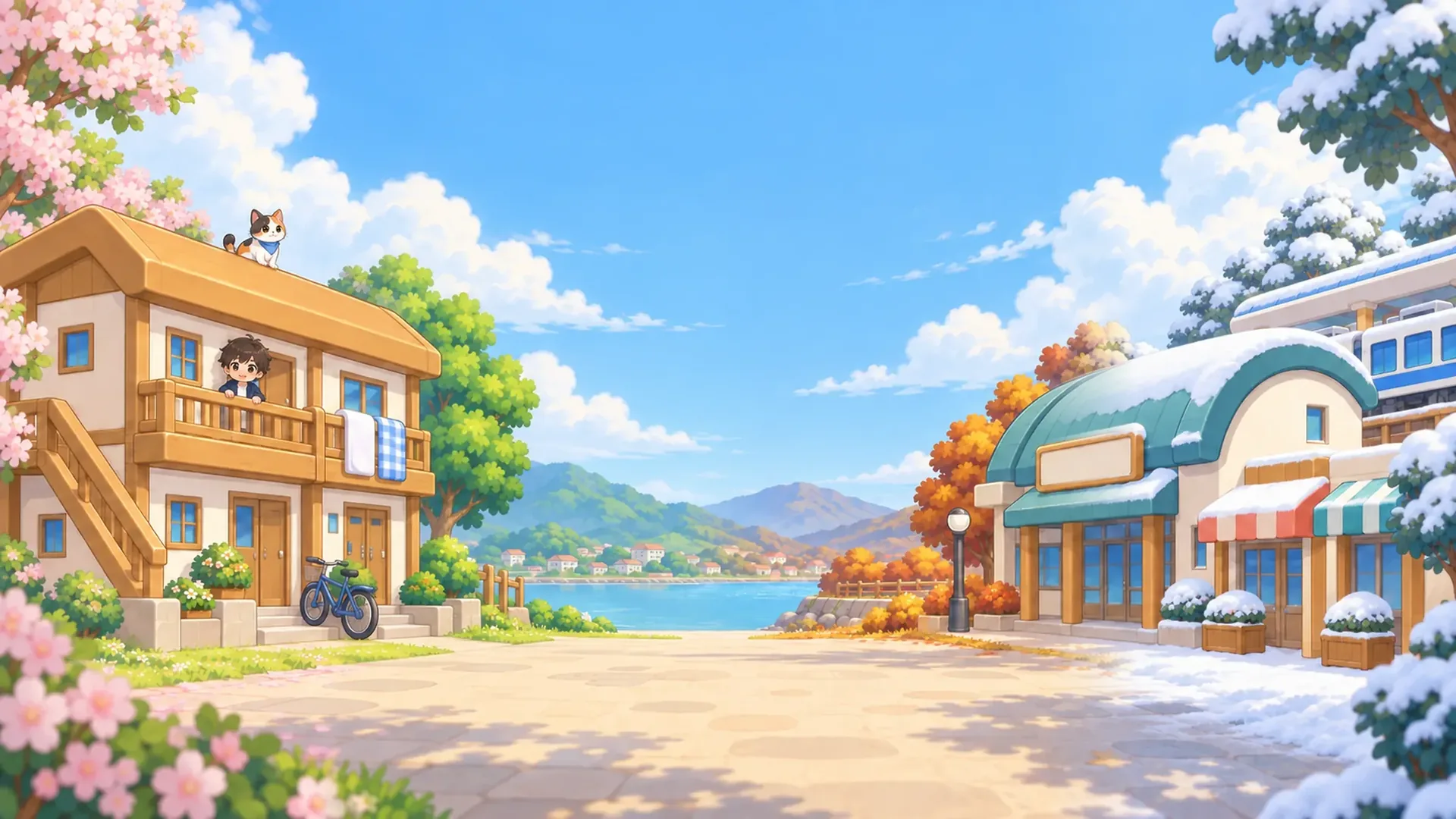 同じ通りの春・夏・秋・冬を左から並べたゲームのイラスト