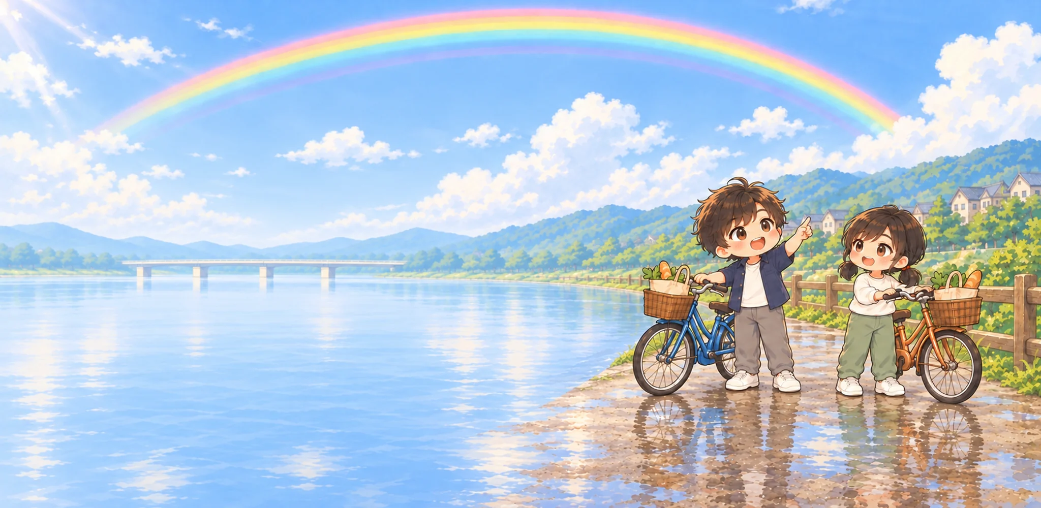 雨上がりの川辺で、自転車を押すハルとミナが虹を指さしているイラスト