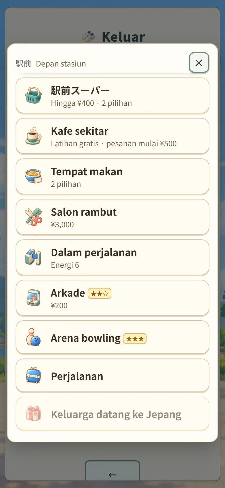 Layar gim: daftar toko di depan stasiun dengan peringkat ★