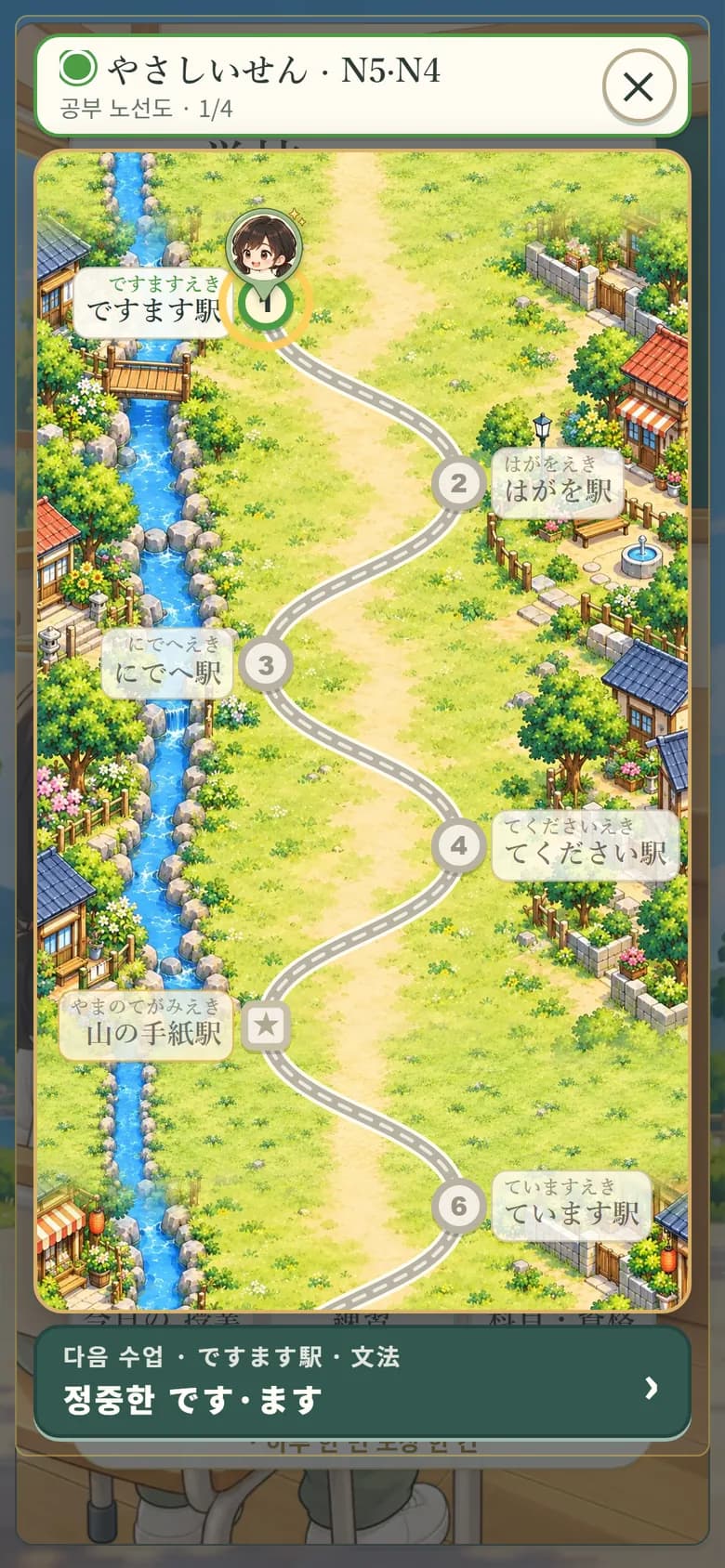 게임 화면: 일본어 학교 노선도 (やさしい線)