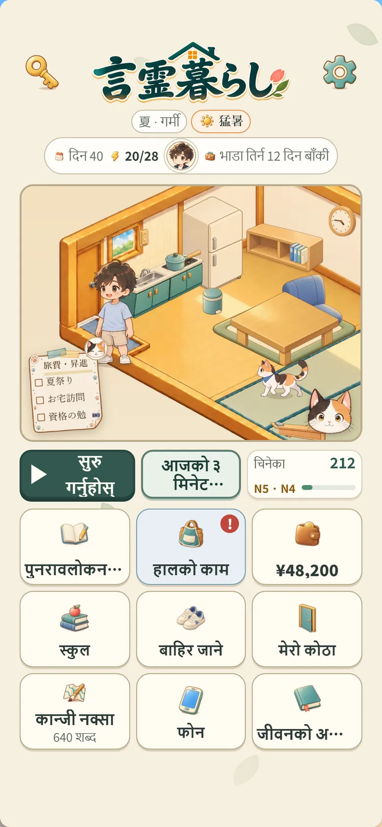 खेलको स्क्रिन: बिरालो भएको कोठा र मुख्य मेनु