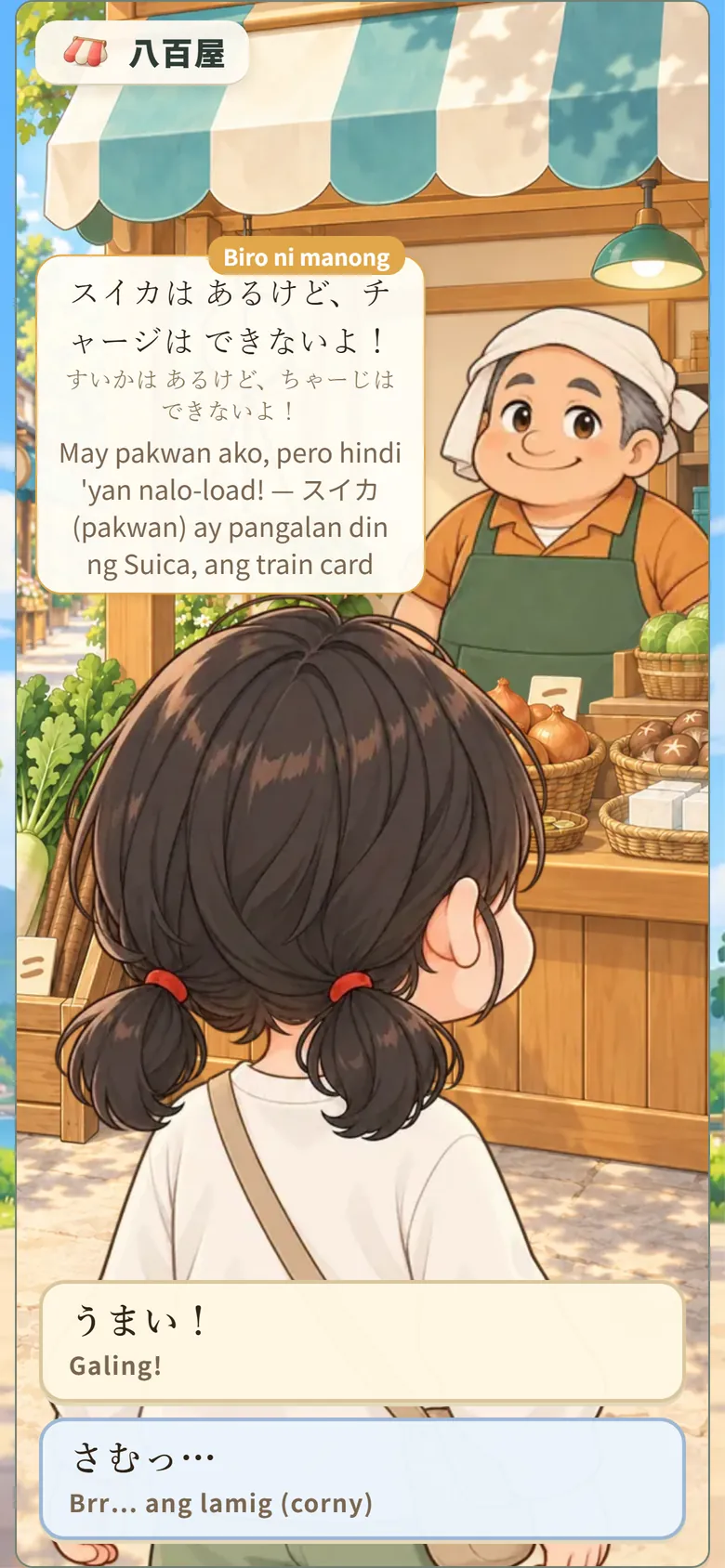 Screen ng laro: nagbibiro ang tindero ng gulay
