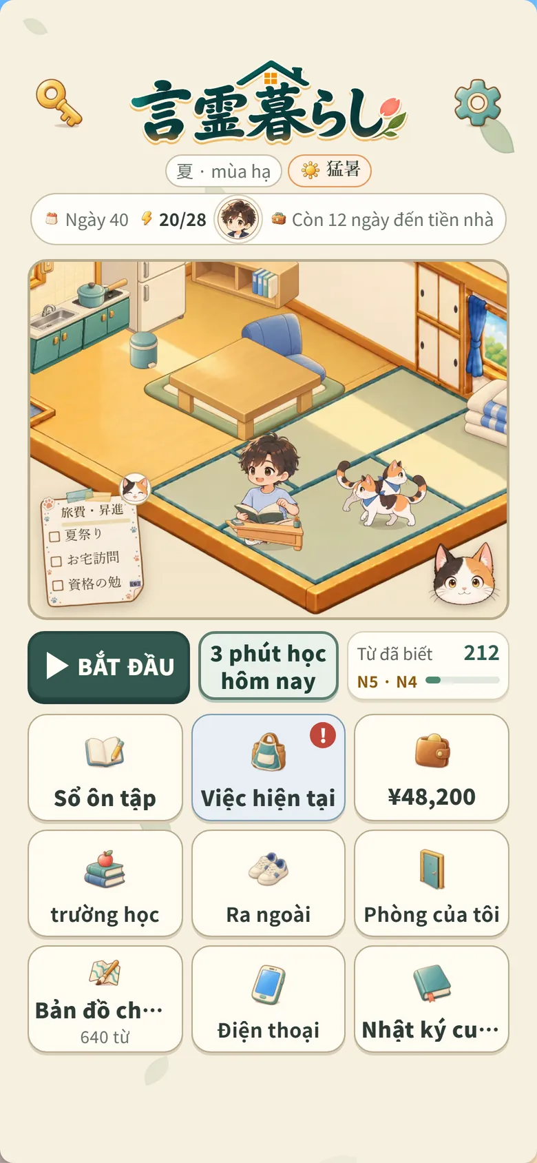 Màn hình trò chơi: căn phòng có mèo và menu chính