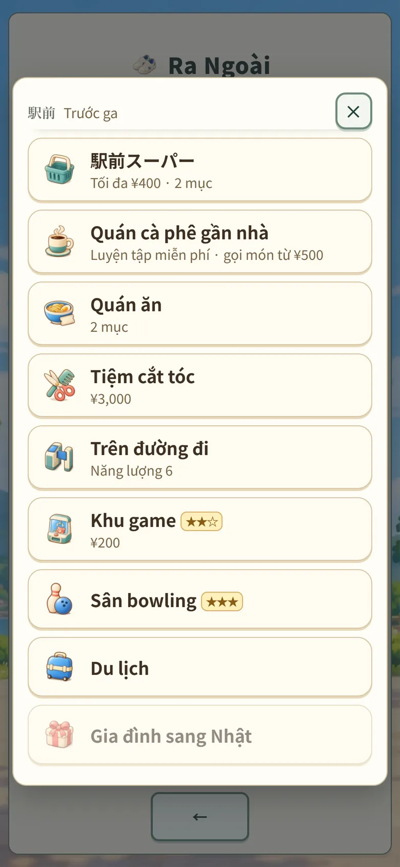 Màn hình trò chơi: danh sách cửa hàng trước ga và hạng ★