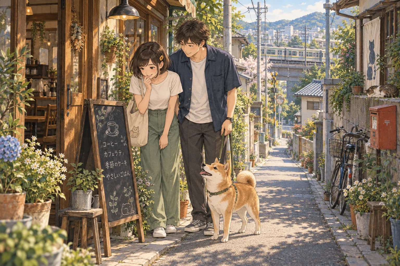 喫茶店のメニューを読むミナとハル、柴犬がいる日本の路地 — サイト用イラスト